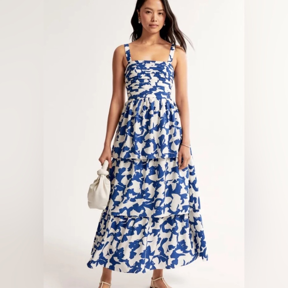 Abercrombie and Fitch Emerson Tiered Maxi Dress Blue White Print Small NWT